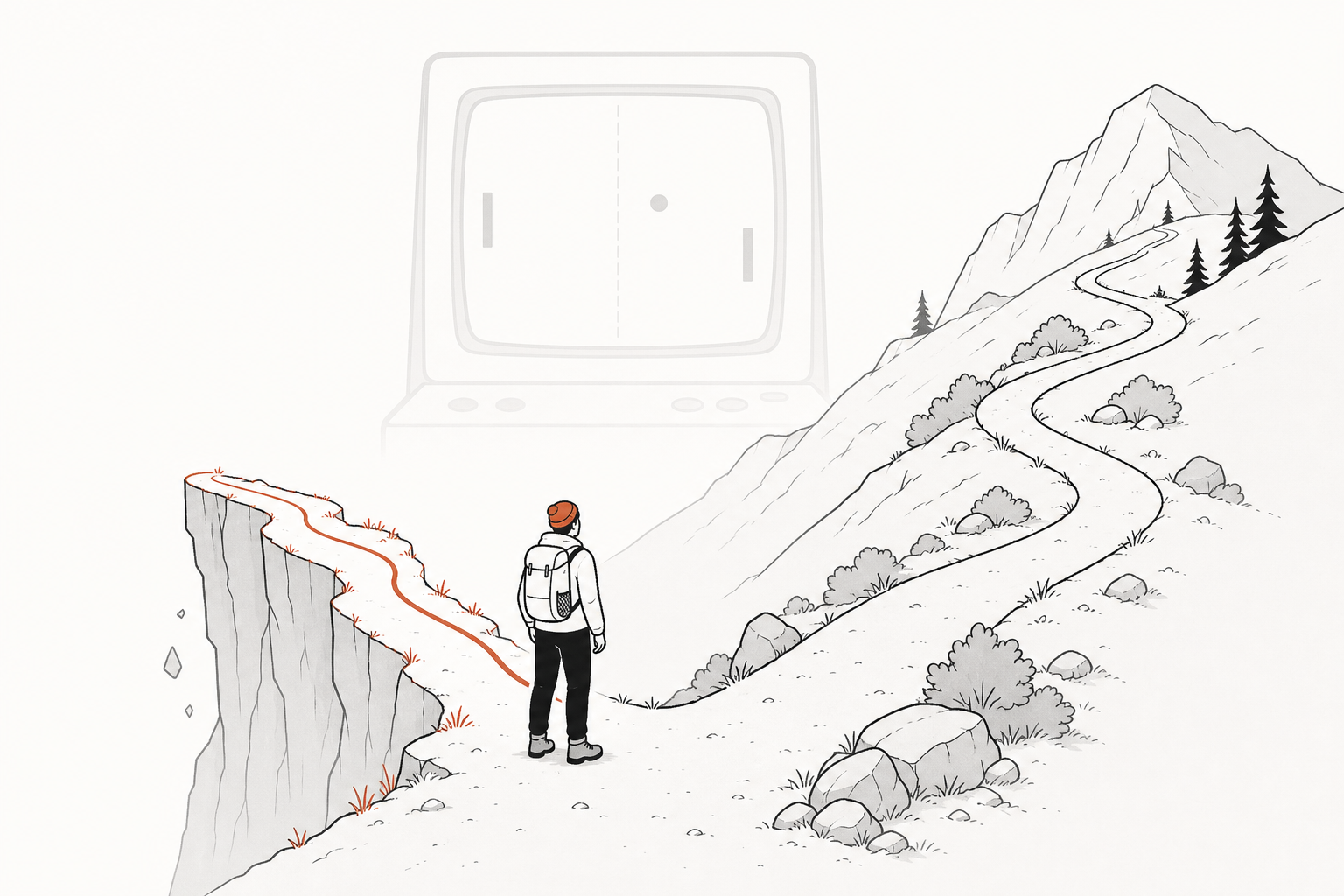 A lone hiker at a fork in the trail: one branch hugs a cliff edge in terracotta, the other climbs safely around higher ground, with a faint arcade screen showing a ball-and-paddle game in the background