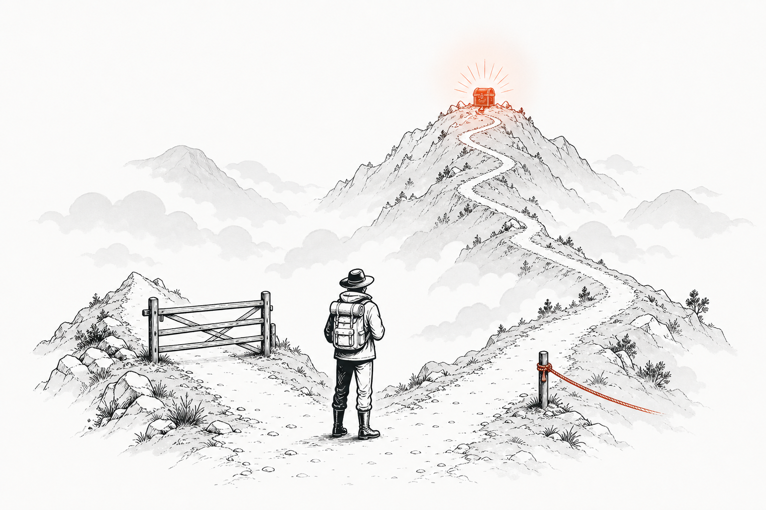 A lone explorer standing at a mountain trail fork, one path fenced with a gate, the other with a short tether rope, both leading toward a glowing treasure ahead, in a flat editorial illustration style with terracotta accents and no text