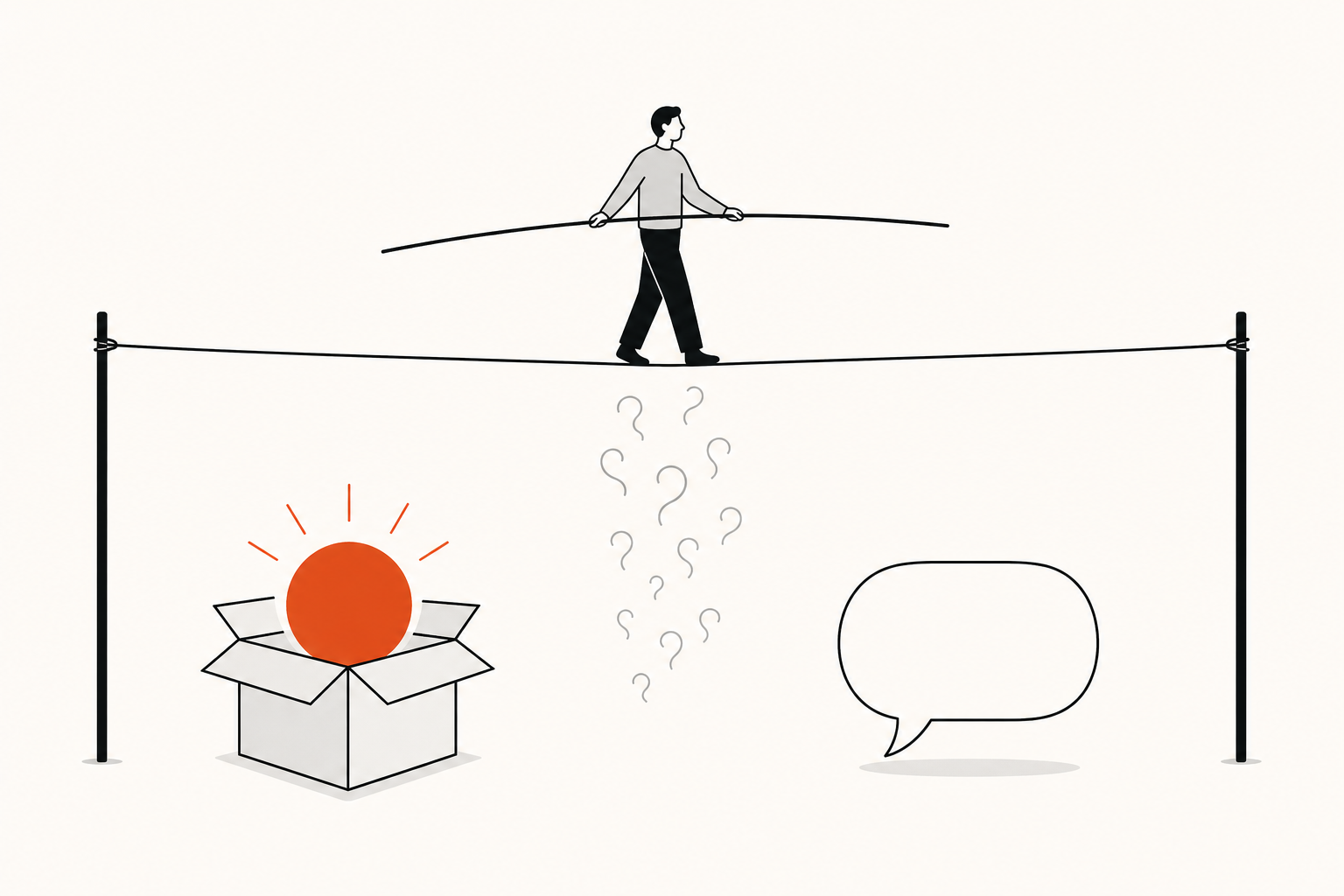 A tightrope walker balancing on a rope between two poles: below one side, an open box with a glowing orb (the revealed answer); below the other, an empty speech bubble (the hollow non-answer). The tutor has to stay on the rope.