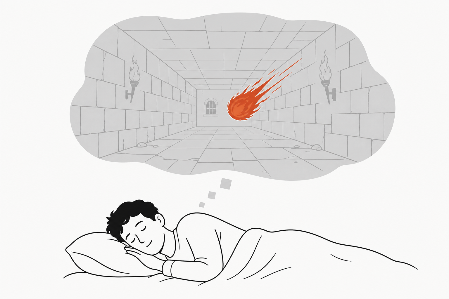A sleeping figure dreams of a first-person dungeon corridor: inside the thought bubble a terracotta fireball flies toward the viewer, while gray token squares drift up from the sleeper's head into the dream.