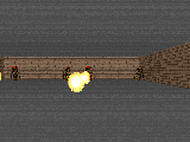 A real take_cover frame as the agent sees it: a dungeon room with monsters along the far wall and a bright fireball flying toward the viewer.