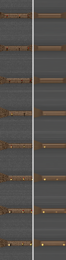 Seven pairs of frames, real on the left and decoded on the right: the reconstruction keeps the wall, the monsters, and the bright fireballs.