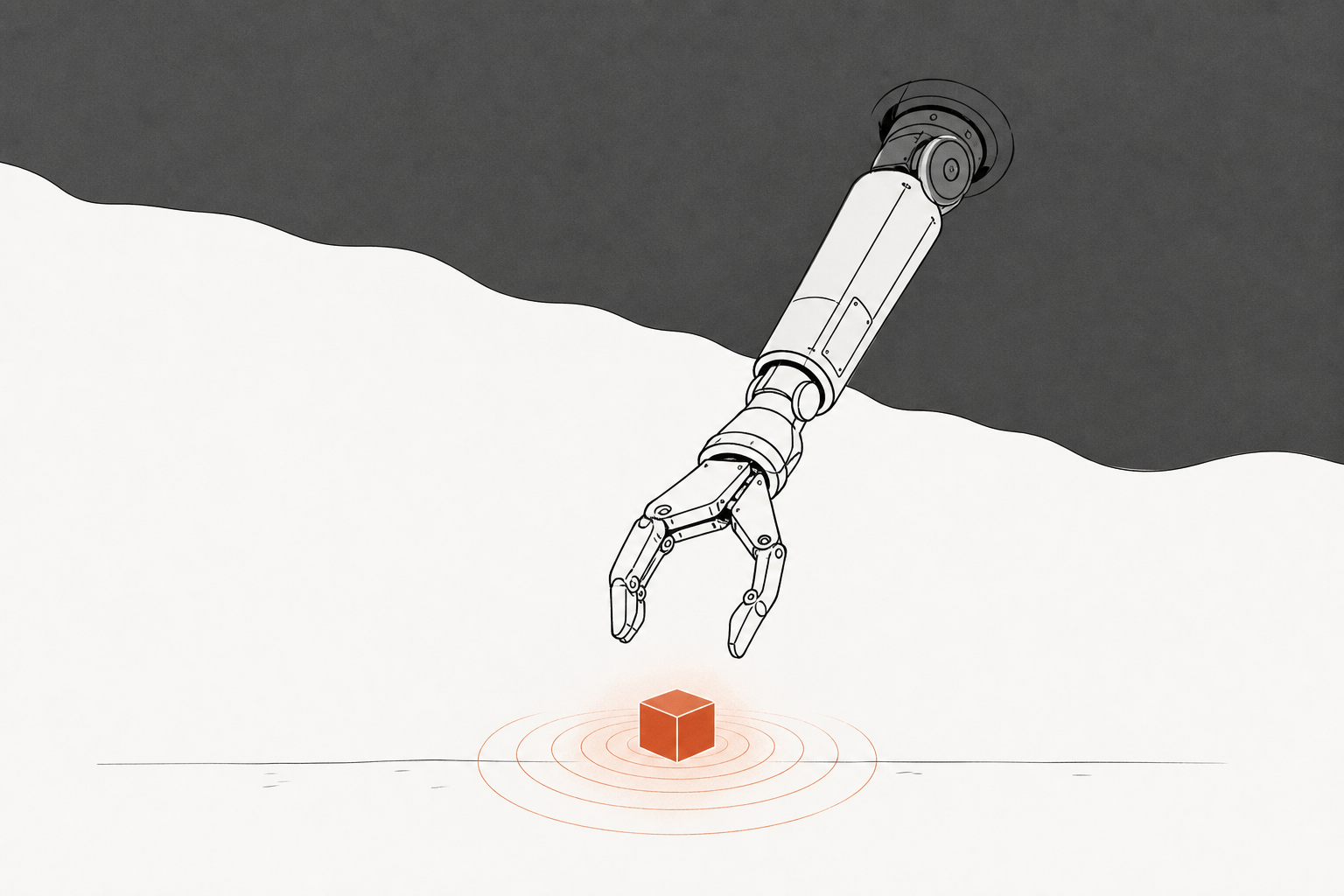 A robot arm reaches down out of darkness toward a small glowing terracotta cube, its gripper open, the cube radiating thin concentric arcs of light on an otherwise empty paper-white surface.