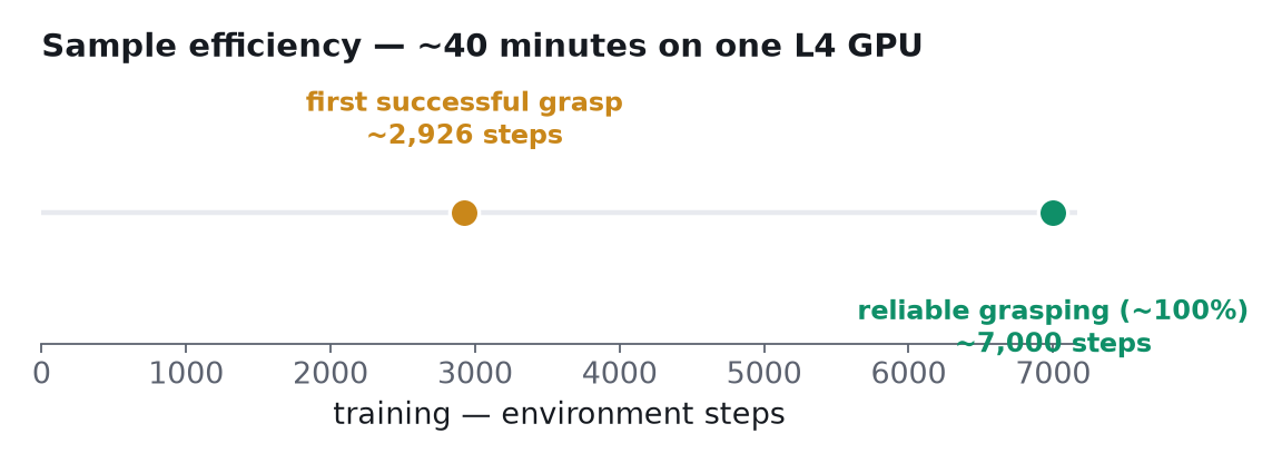 Timeline of sample-efficiency milestones: first successful grasp at ~2,926 environment steps, reliable ~100% grasping by ~7,000 steps, all within about 40 minutes on one L4 GPU.