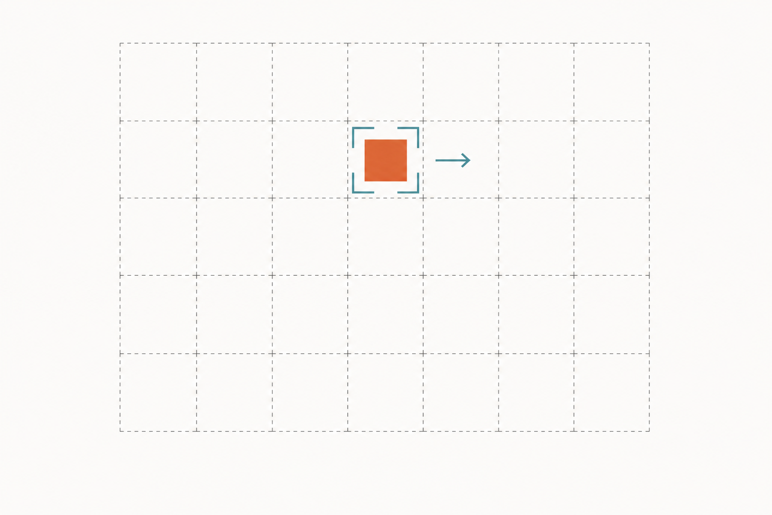 A large square grid drawn only in faint dashed outlines, with a single small solid terracotta tile bright inside a teal bracket frame, and a short arrow suggesting it slides across the grid