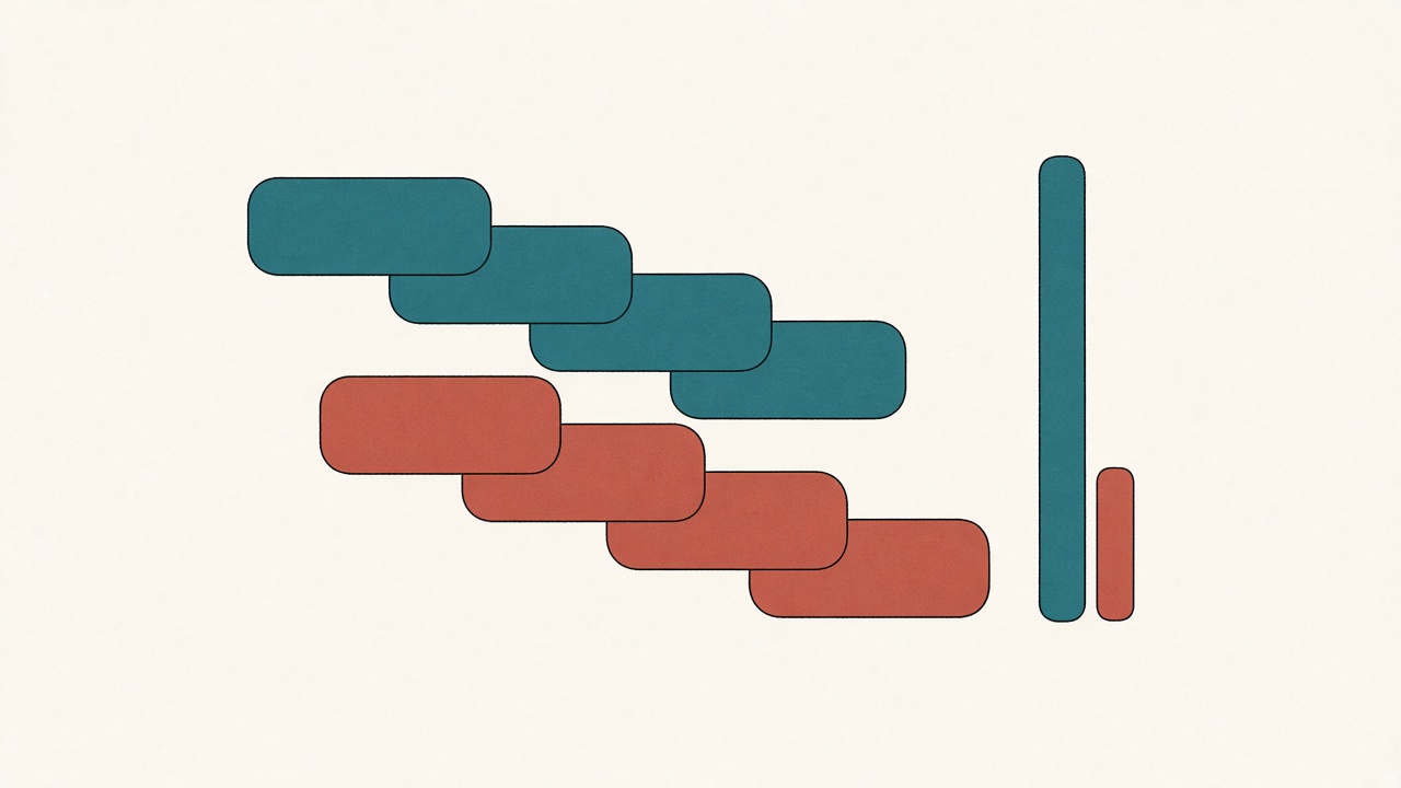 Two offset horizontal lanes of tiles, teal above and terracotta below, interleaving like a relay, beside one tall teal bar and one much shorter terracotta bar