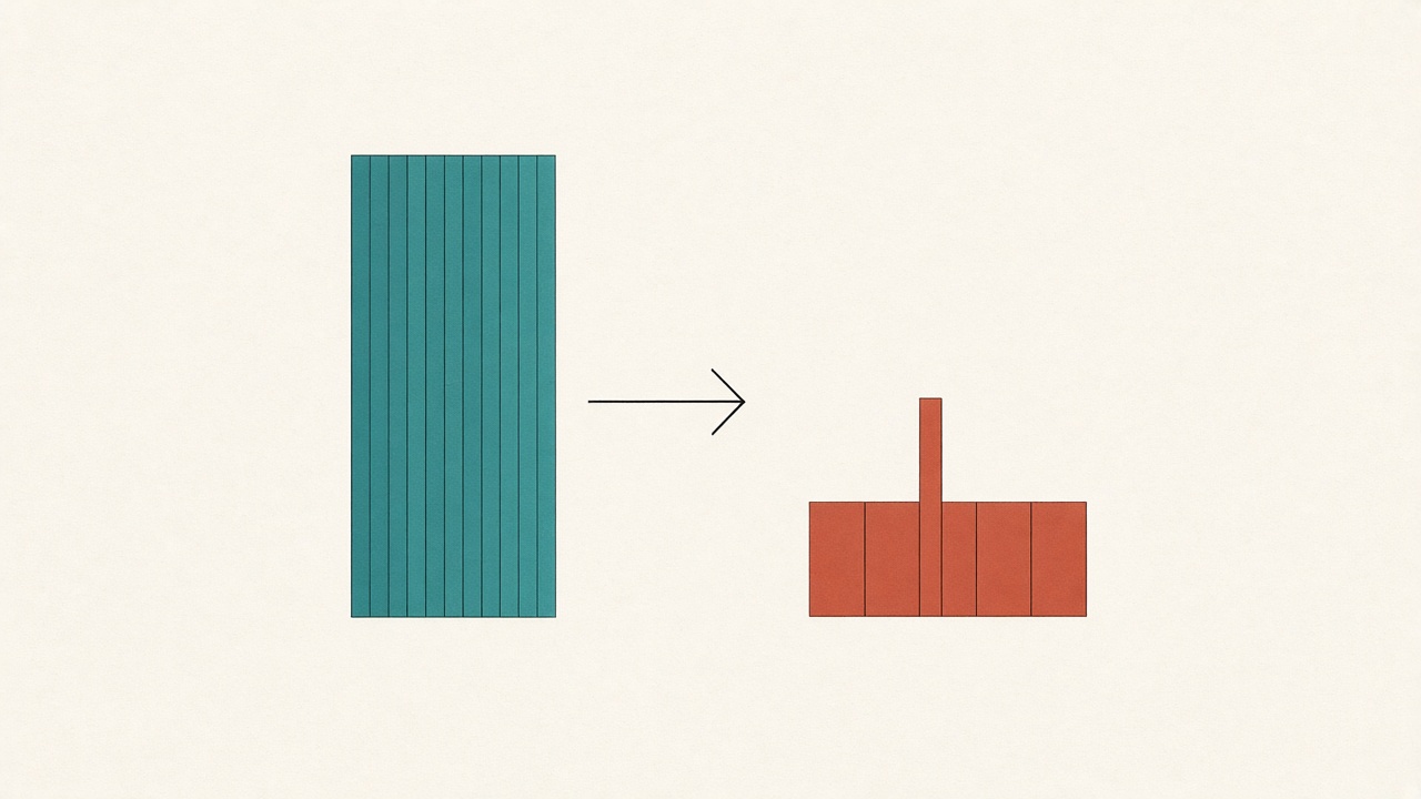 A tall teal bar finely subdivided into many bits on the left, an arrow to a short terracotta bar of only a few coarse segments on the right, with one segment standing tall as an outlier